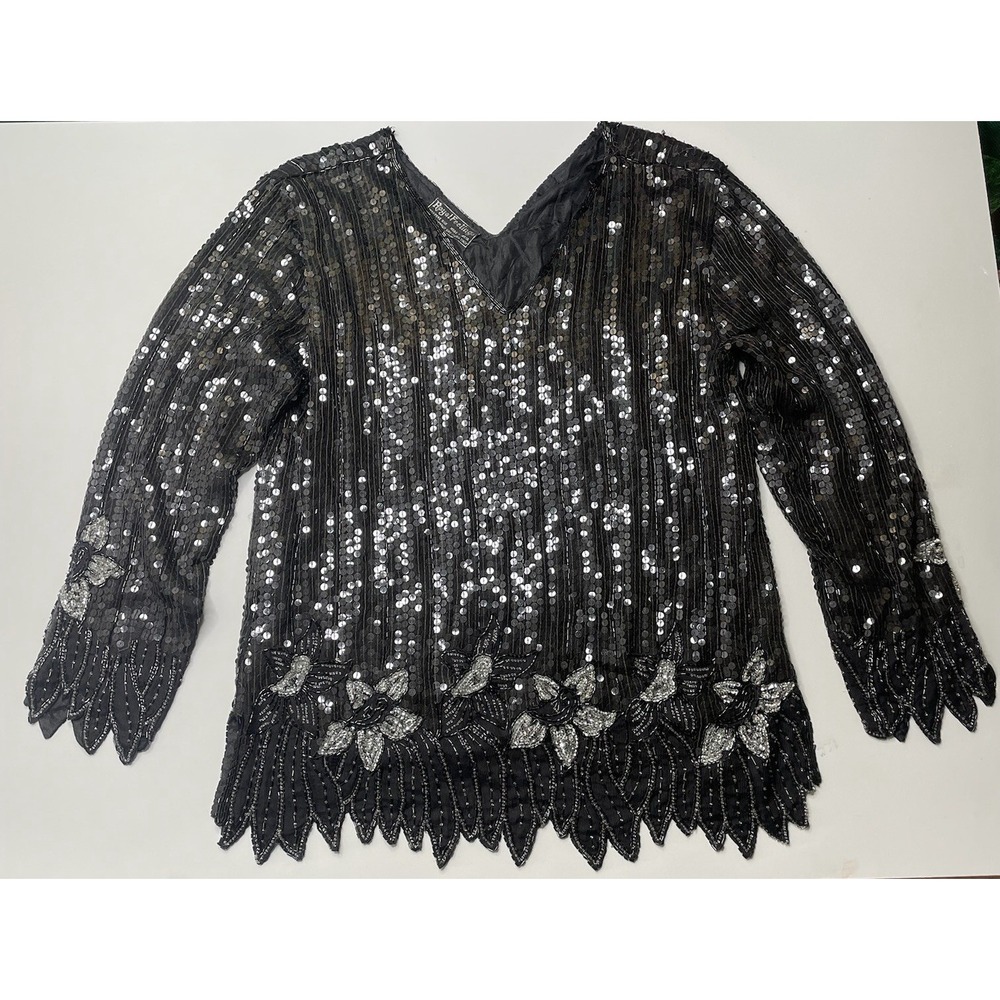 Royal Feelings Sequin Beaded Top Women M Black Silk Floral Vintage 80s Blouse